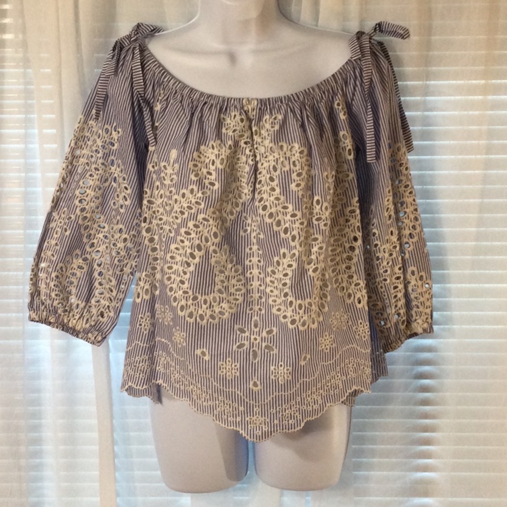 Express Off The Shoulder Eyelet Blouse Blue/White Striped Size M